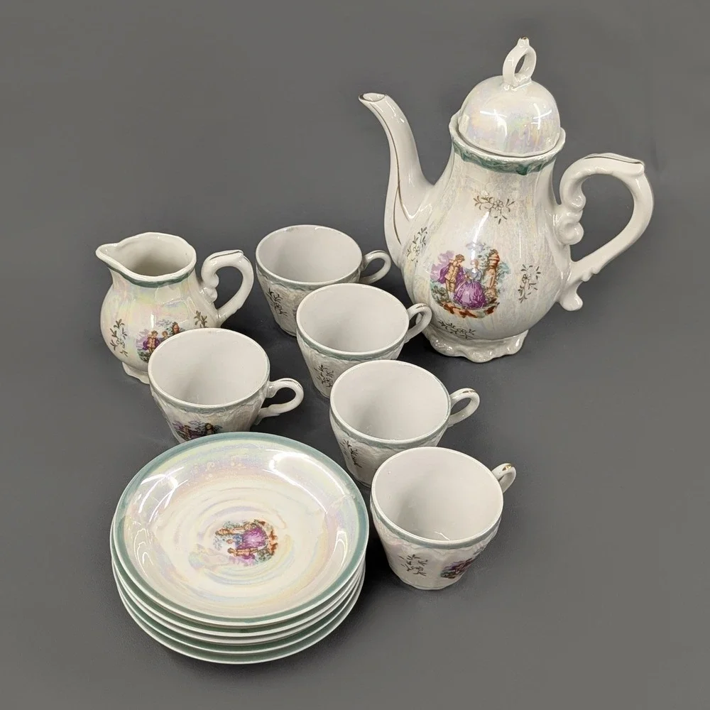 Vintage Lusterware Musical Teapot Tea Set Fragonard Courting Couple 12pc